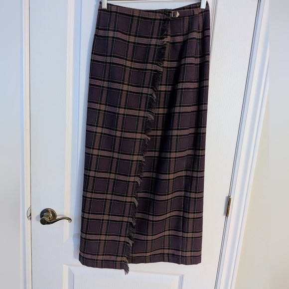 Vintage wrap plaid maxi skirt rayon purple brown small - Picture 9 of 9